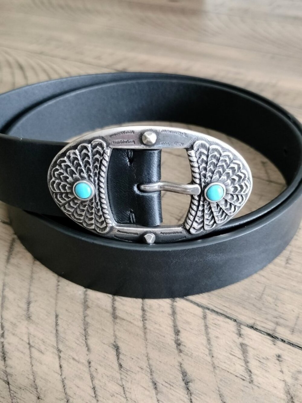 Cintura Black Leather Belt Silver Carved Turquoise Stone Buckle M 1.25"  Italy